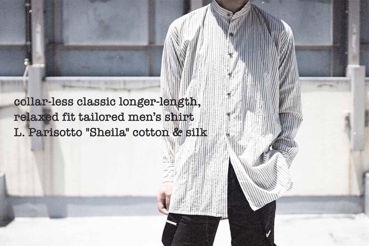Geoffrey B.Small  handmade collar-less classic longer-length, relaxed fit tailored men’s shirt